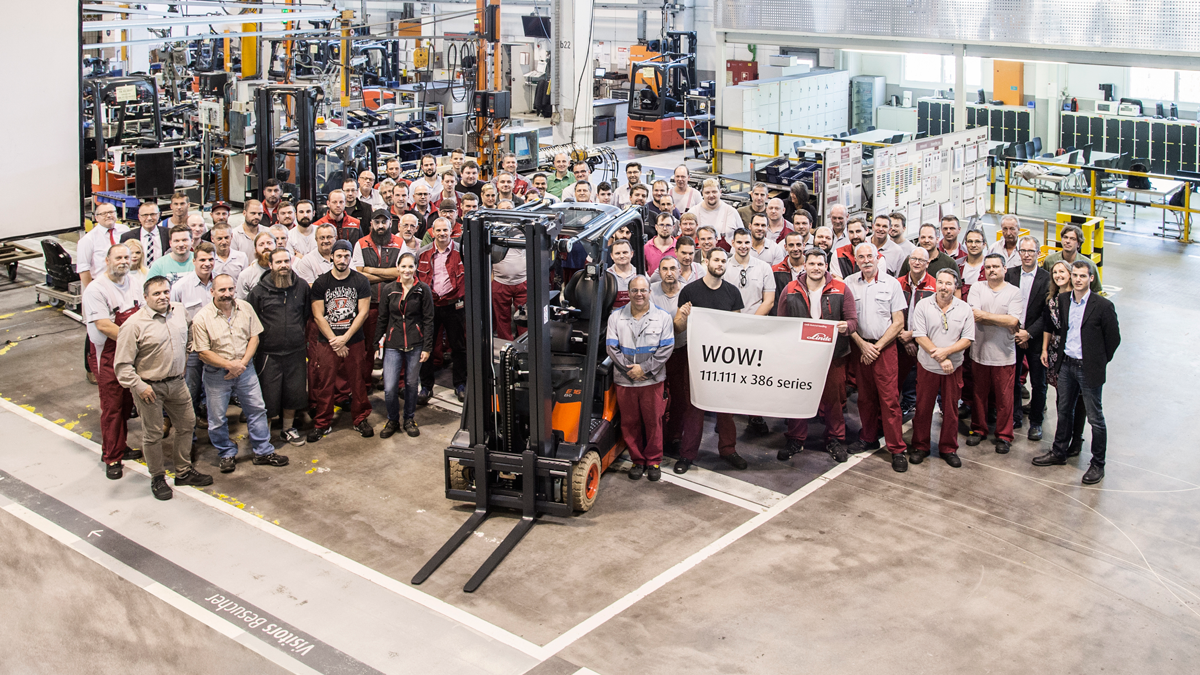 386 series 111,111 forklift celebration